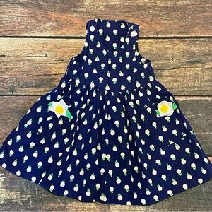 Vintage Hartstrings Navy Dress with White & Yellow Daisy Print & Ribbon Flowers